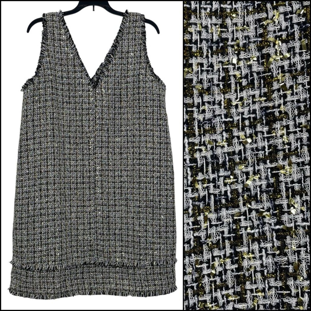 LOFT Womens Dress Size 12 Tweed Sleeveless V-Neck Fringe Navy White Gold NWT